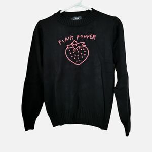 CIDER black embroidered strawberry pink power jumper sweater‎ NWOT S/M
